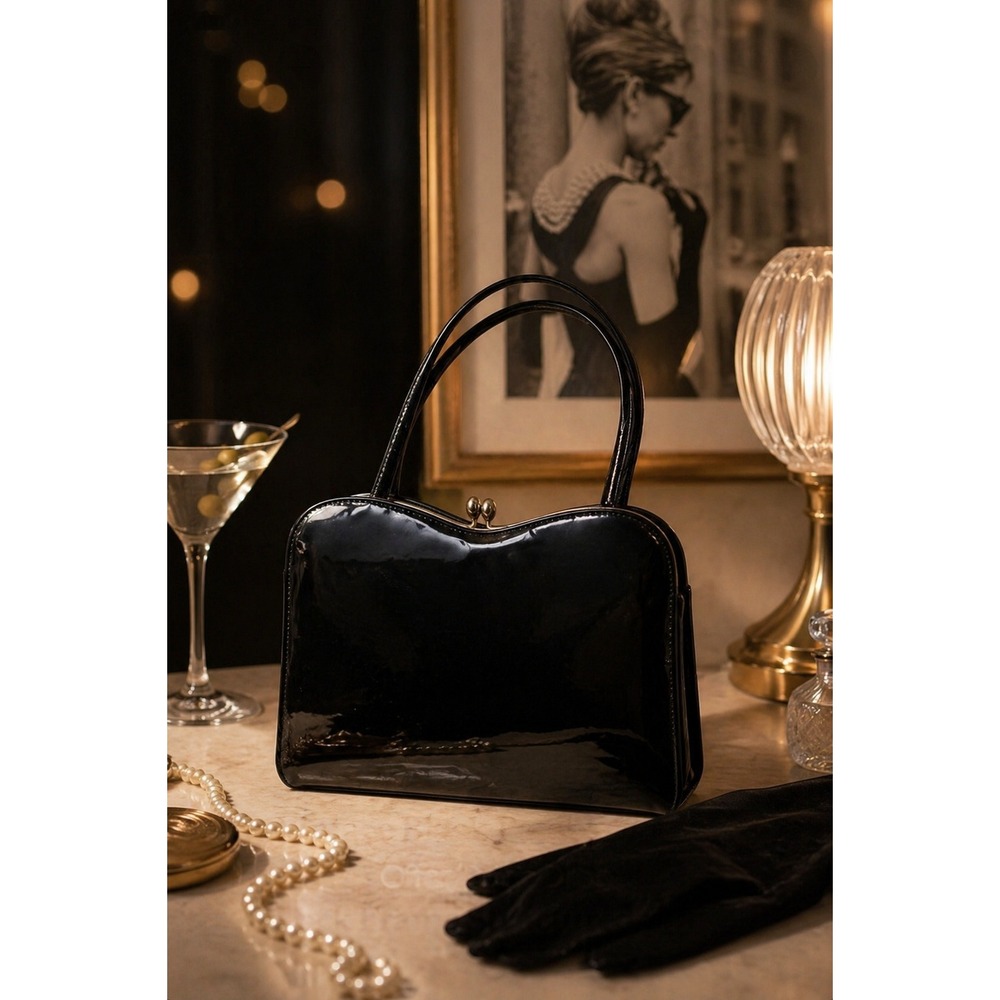 Vintage Black Patent Handbag 1960s‎ Style Kiss Lock Frame Structured Evening Bag